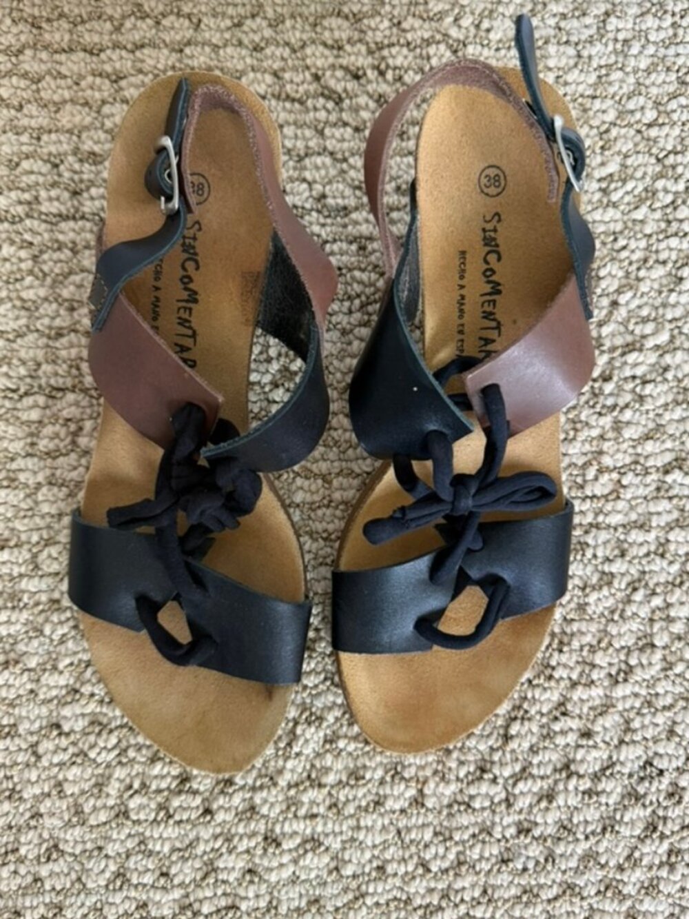 Sin Comentarios Spain Black Brown Leather Lace Up Block Heel Sandals Size 38